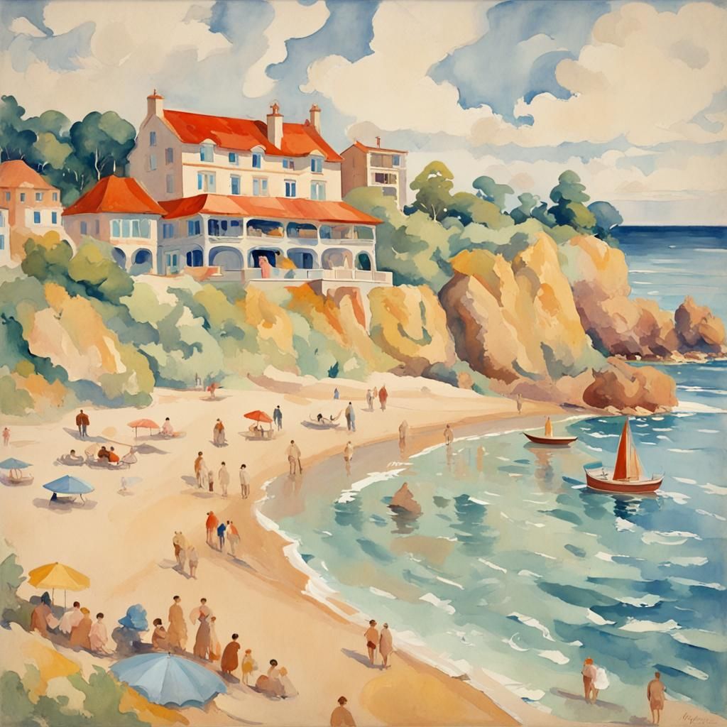Vintage Seaside Resort Poster in Gouache Style