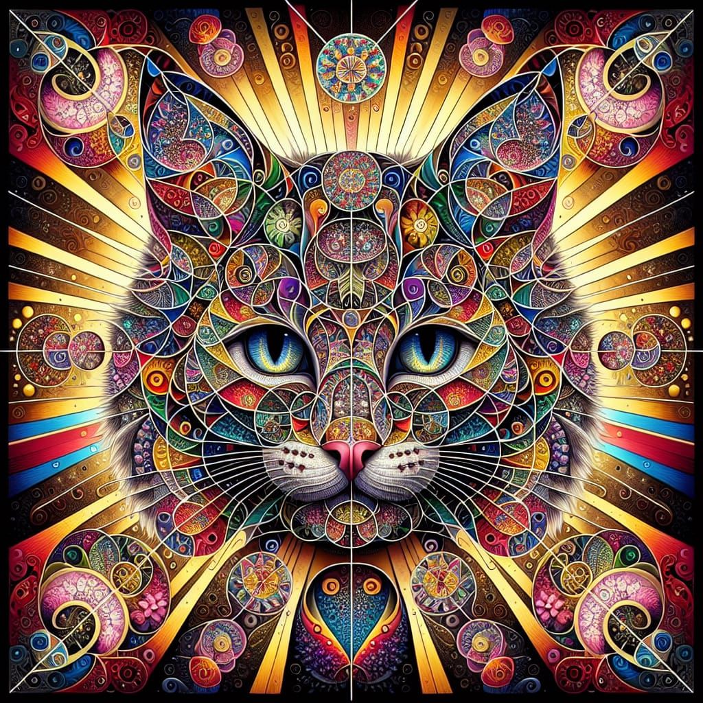 Geometric Cat Mandala with Fibonacci Spirals