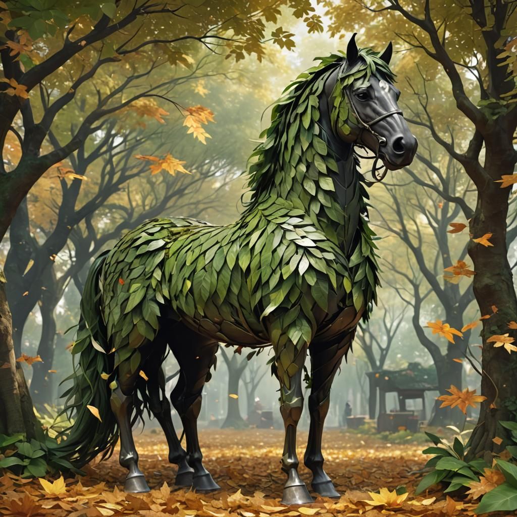 Horse Made of Leaves in 3D Anime Art