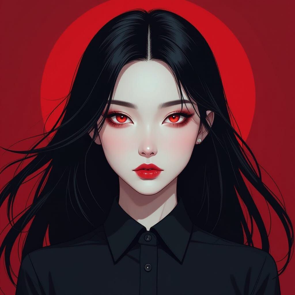 Mysterious Asian Girl with Red Eyes in Futuristic Style