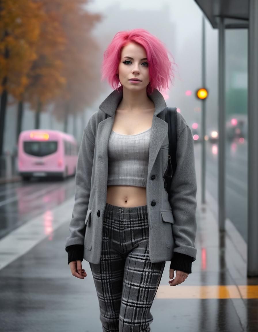 Attractive Woman with Pink Hair in Grey City