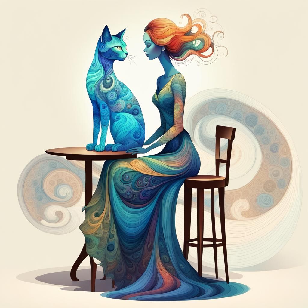 Elfish Woman and Cat with Abstract Fractal Elements