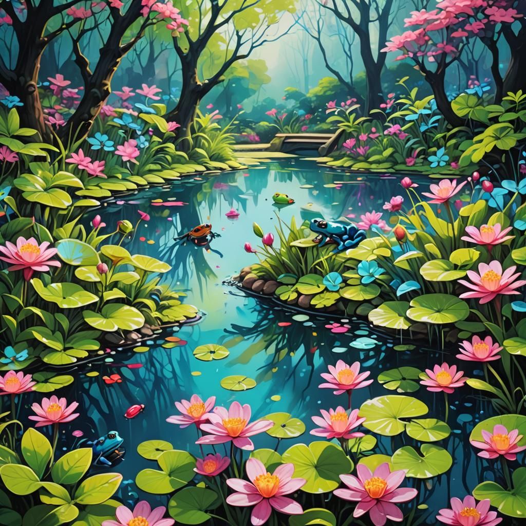 A garden with trees with translucent bright neongreen leaves...