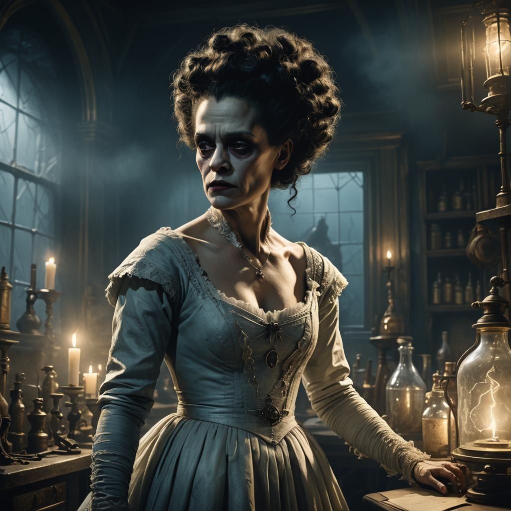 Hyperrealistic Bride of Frankenstein in Moody Lighting
