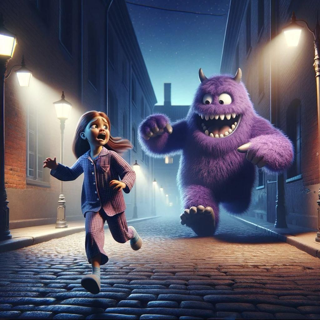 Terrified Girl Chased by Playful Purple Monster