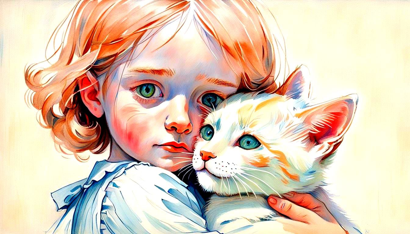 Girl Hugging Kitten Chalk Art