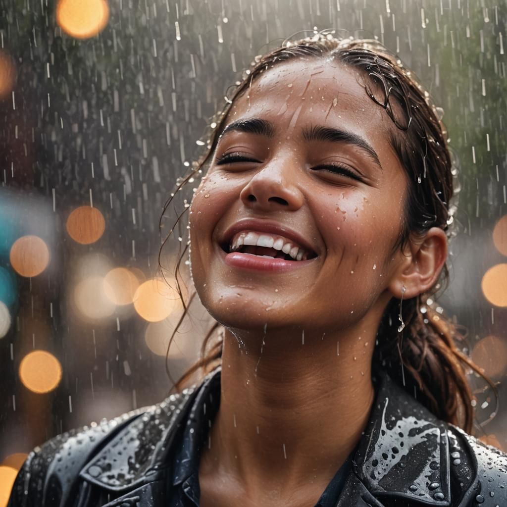 Person Singing in Rain: High-Contrast Portrait