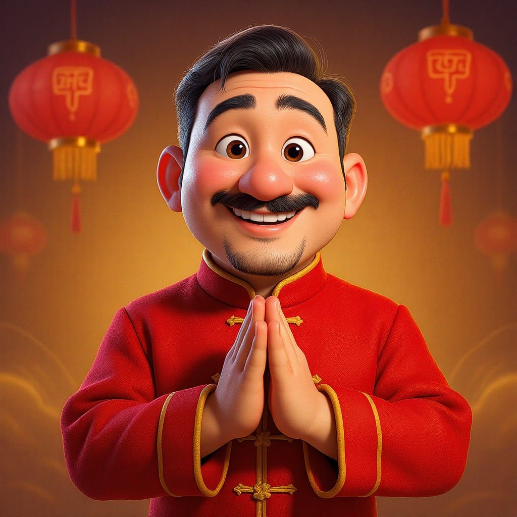 Cheerful Man in Festive Outfit, Pixar Style