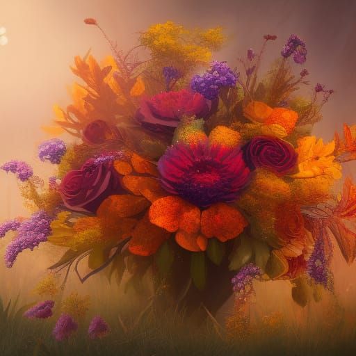 Autumn Flower Bouquet with Glitter: Fantasy Art
