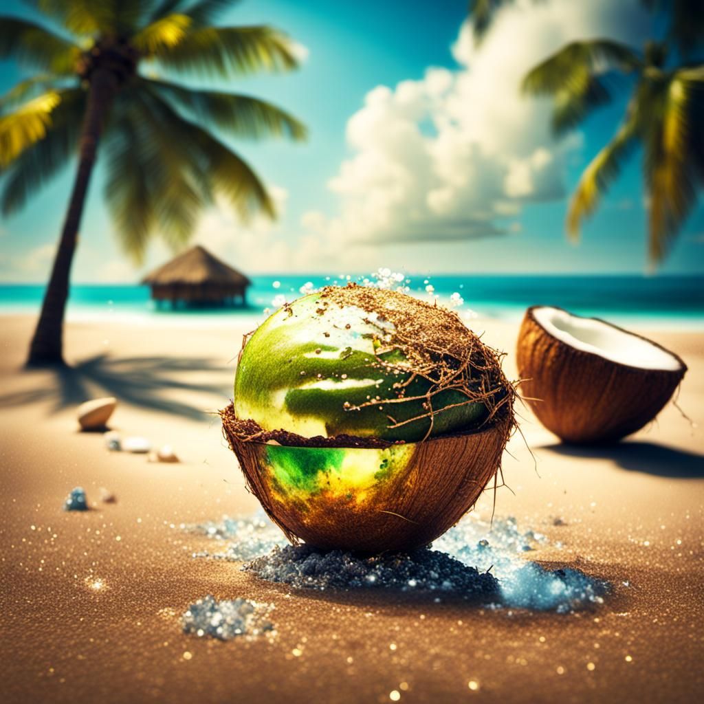 Glittering Beach Scene with Coconut, Hyperrealistic Summer