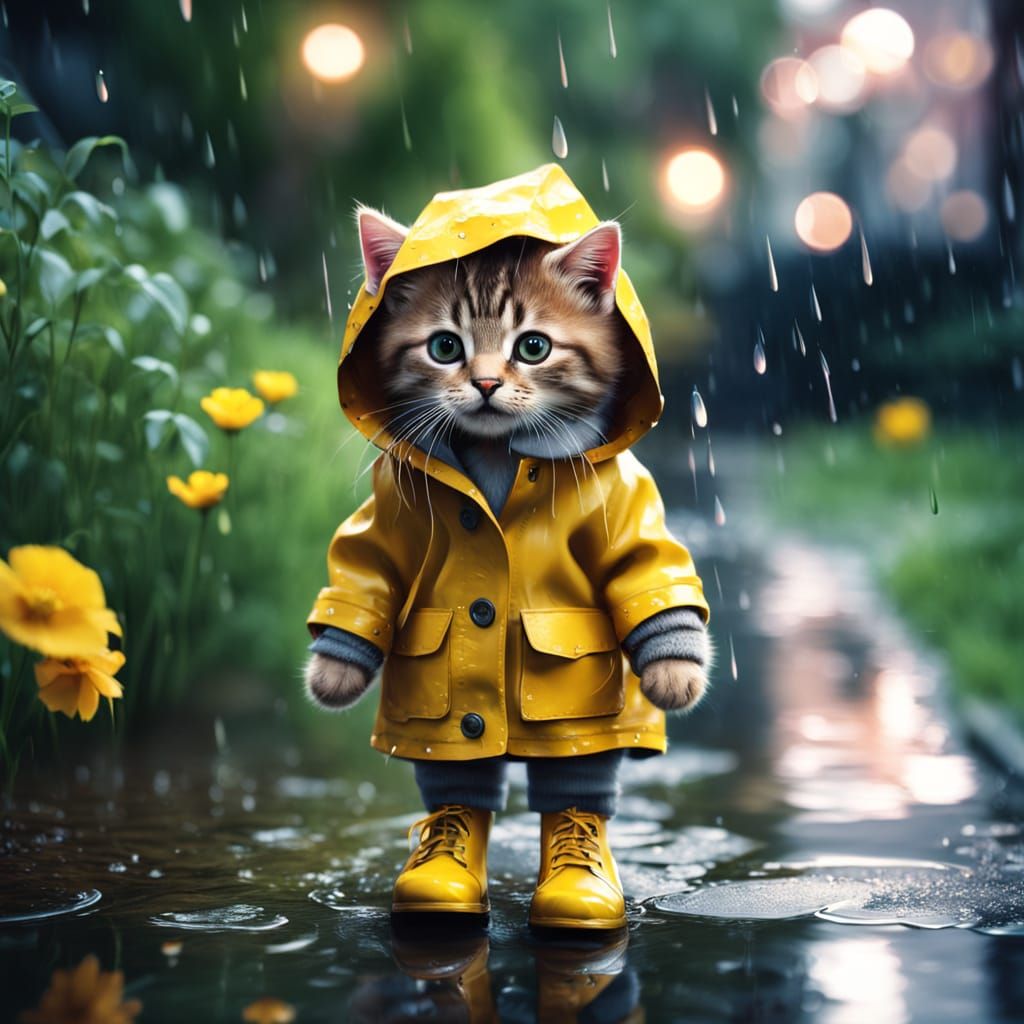 Whimsical Kitten in Rainy Garden with Vibrant Blooms