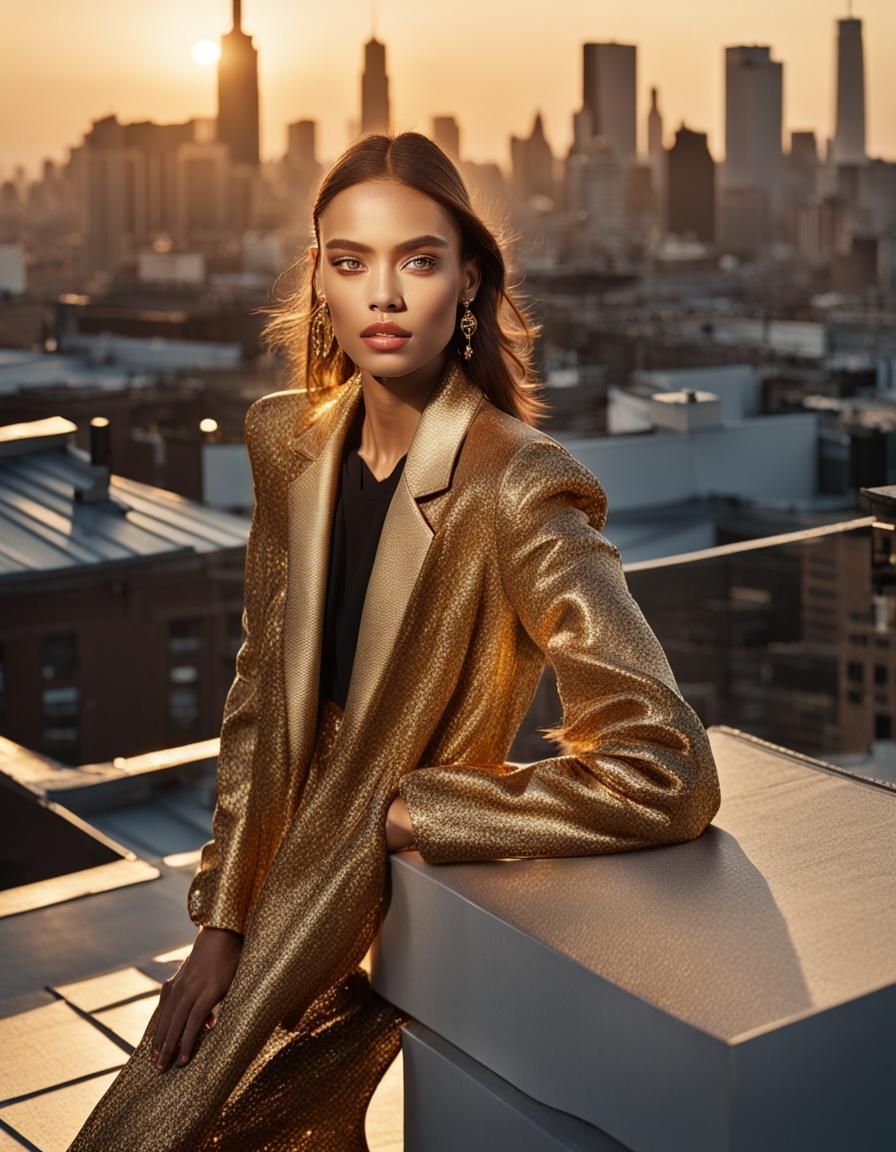 High-Fashion Model Portrait at Sunrise, Editorial Style