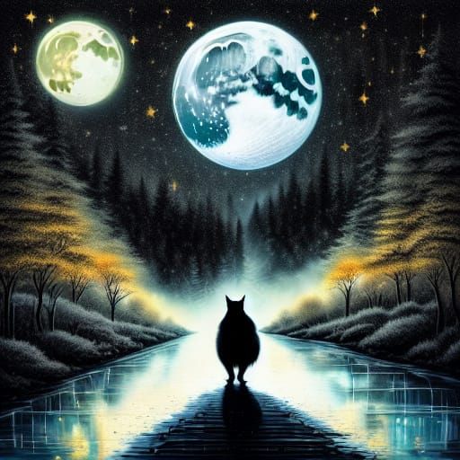 Black Cat in Moonlight: Noir Digital Art