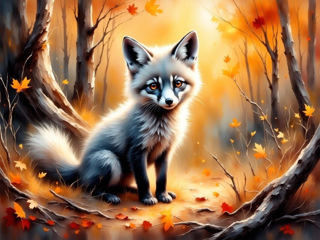 Whimsical Autumn Fox in Moody, Impasto Oil Painting