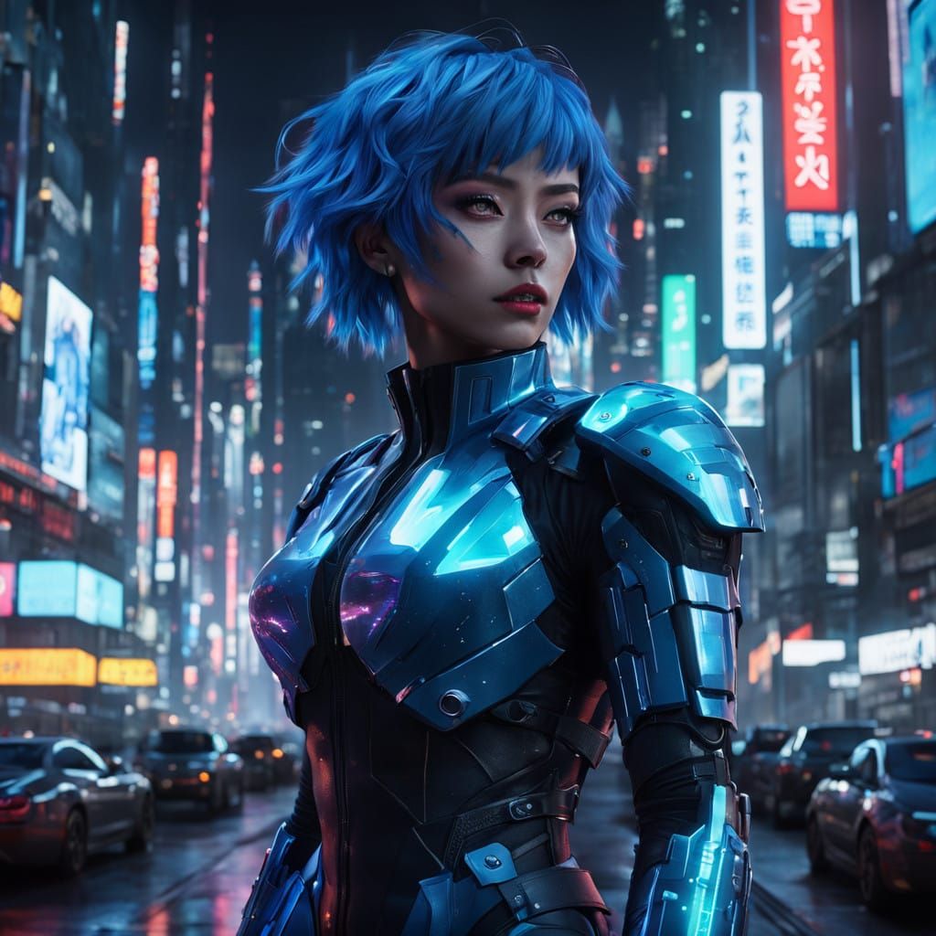 Cyberpunk Anime Girl in Neon Cityscape at Night