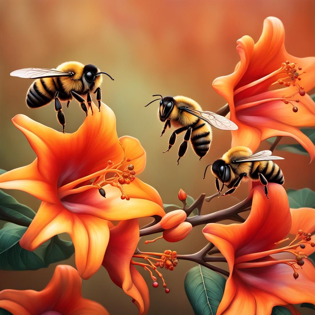 Bees on Trumpet Vine in Hyperrealistic Splash Art