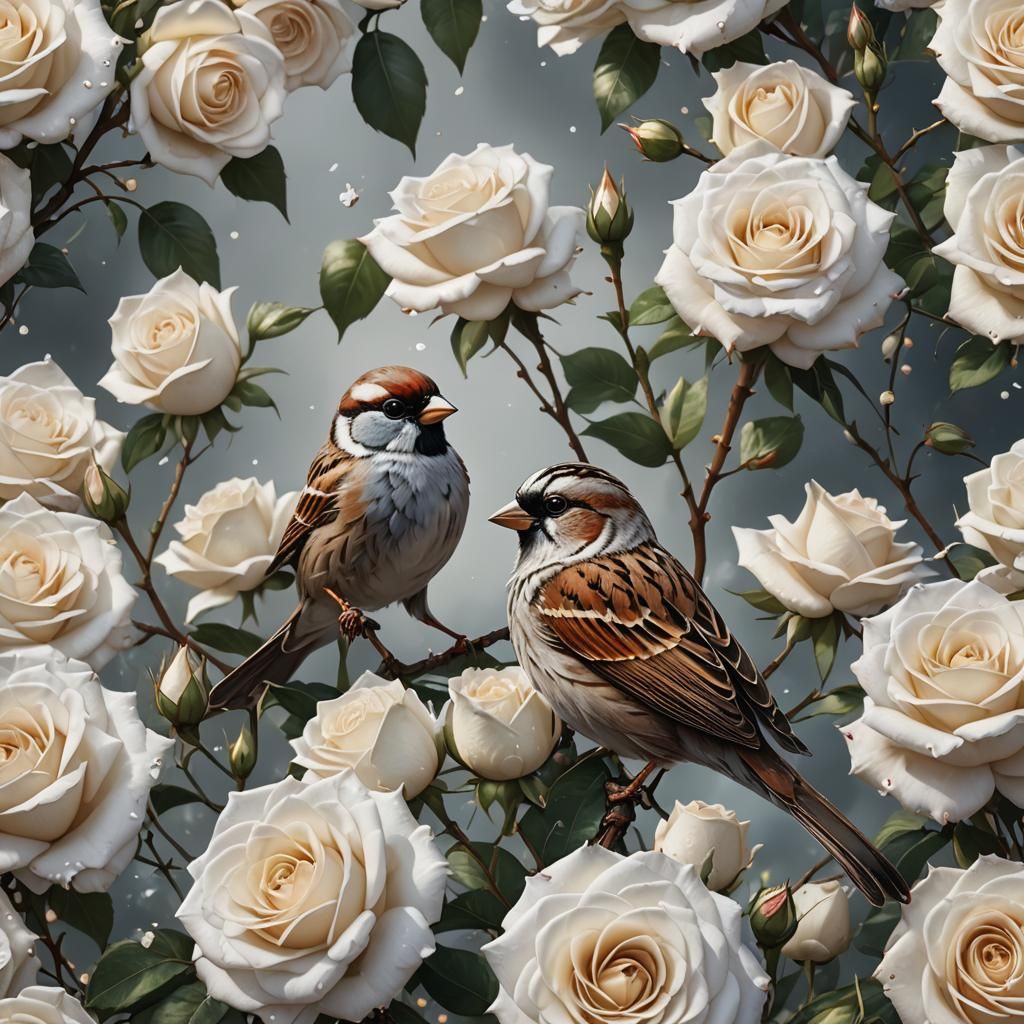 Sparrow on Beaded Rose: Detailed Matte Painting