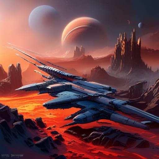 Spaceship Over Lava Planet in Dark Fantasy Style