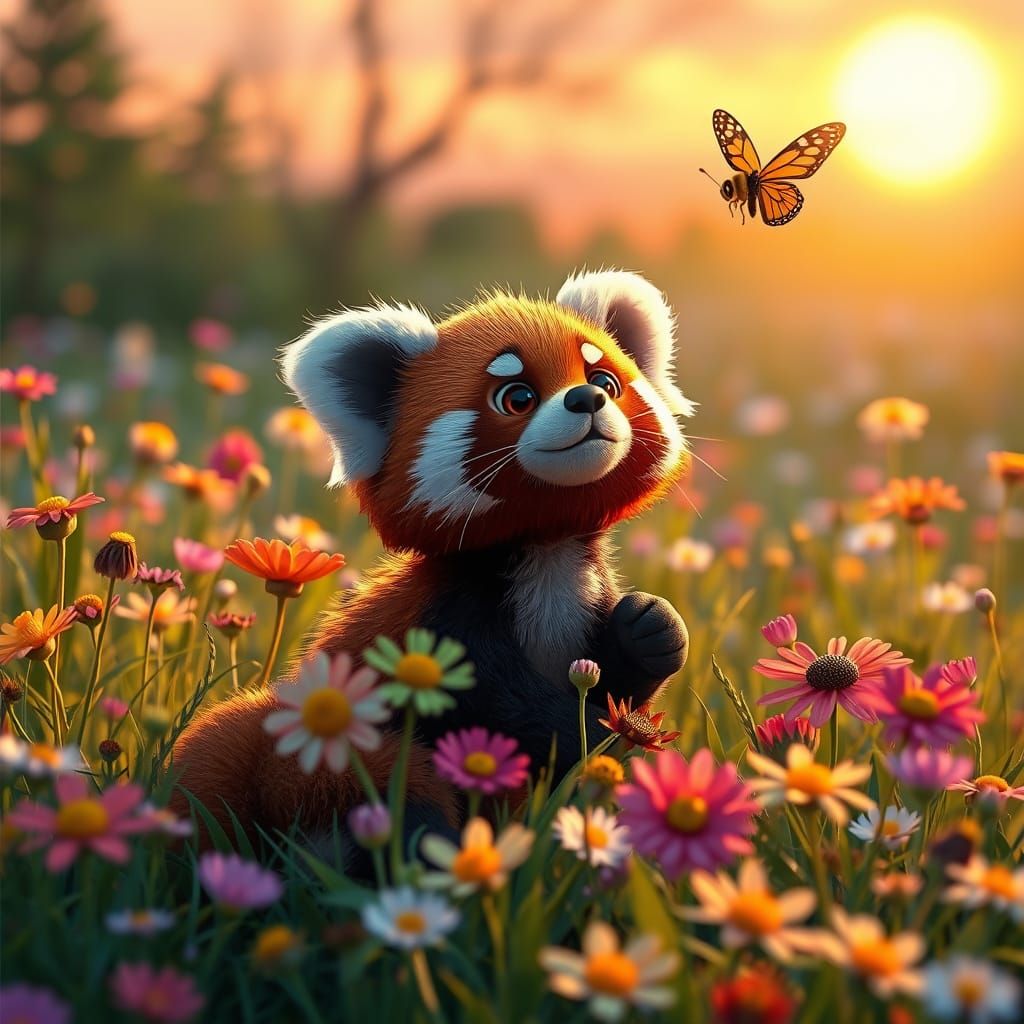 Red Panda Cub and Butterfly in Pixar Style