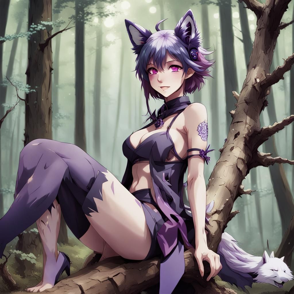 Anime Woman with Wolf Ears in Woods