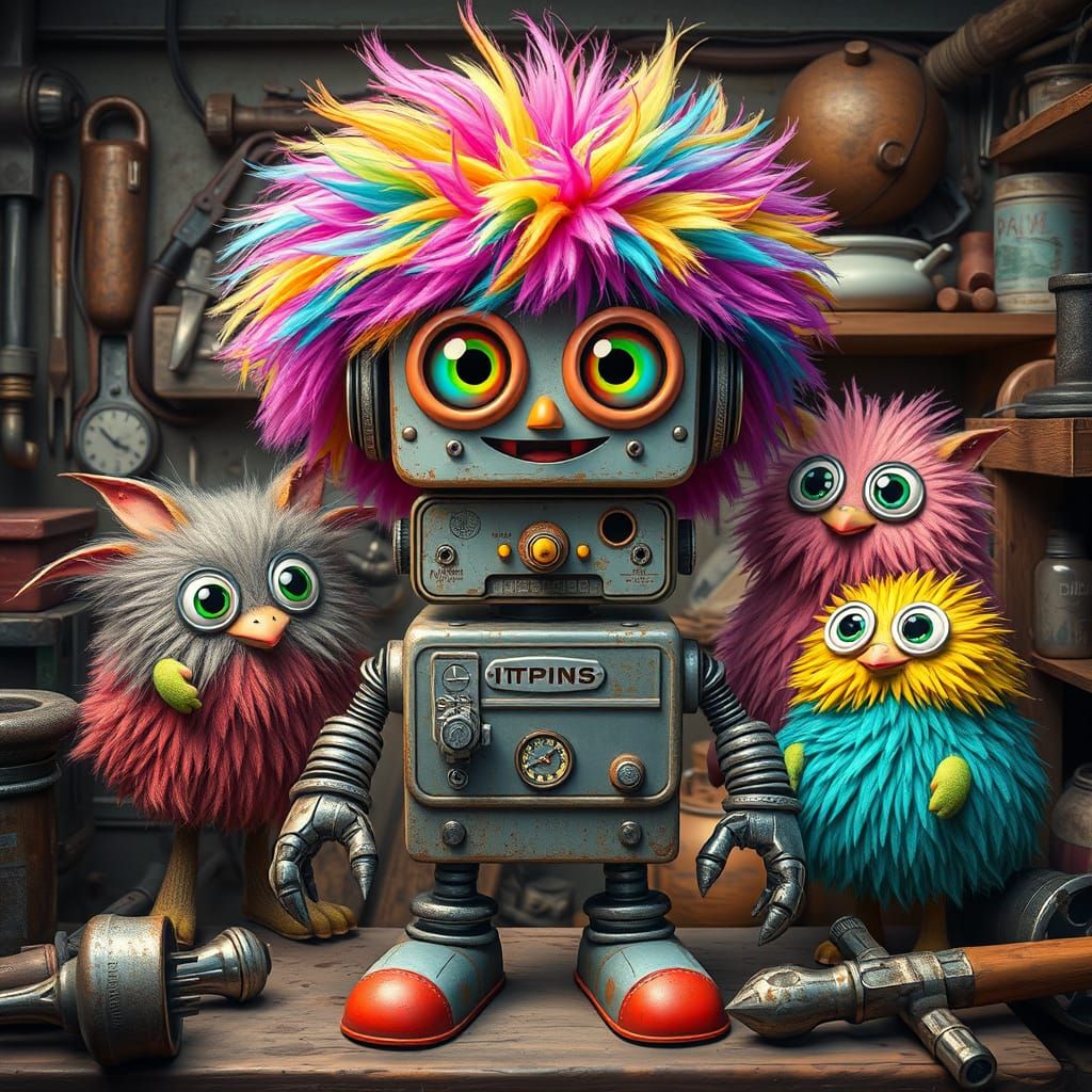 Rainbow Creatures and Toolbox Robot in Whimsical Style