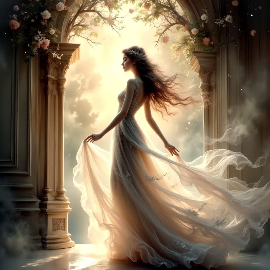 Ethereal Woman Reaching Out in Art Nouveau Watercolor