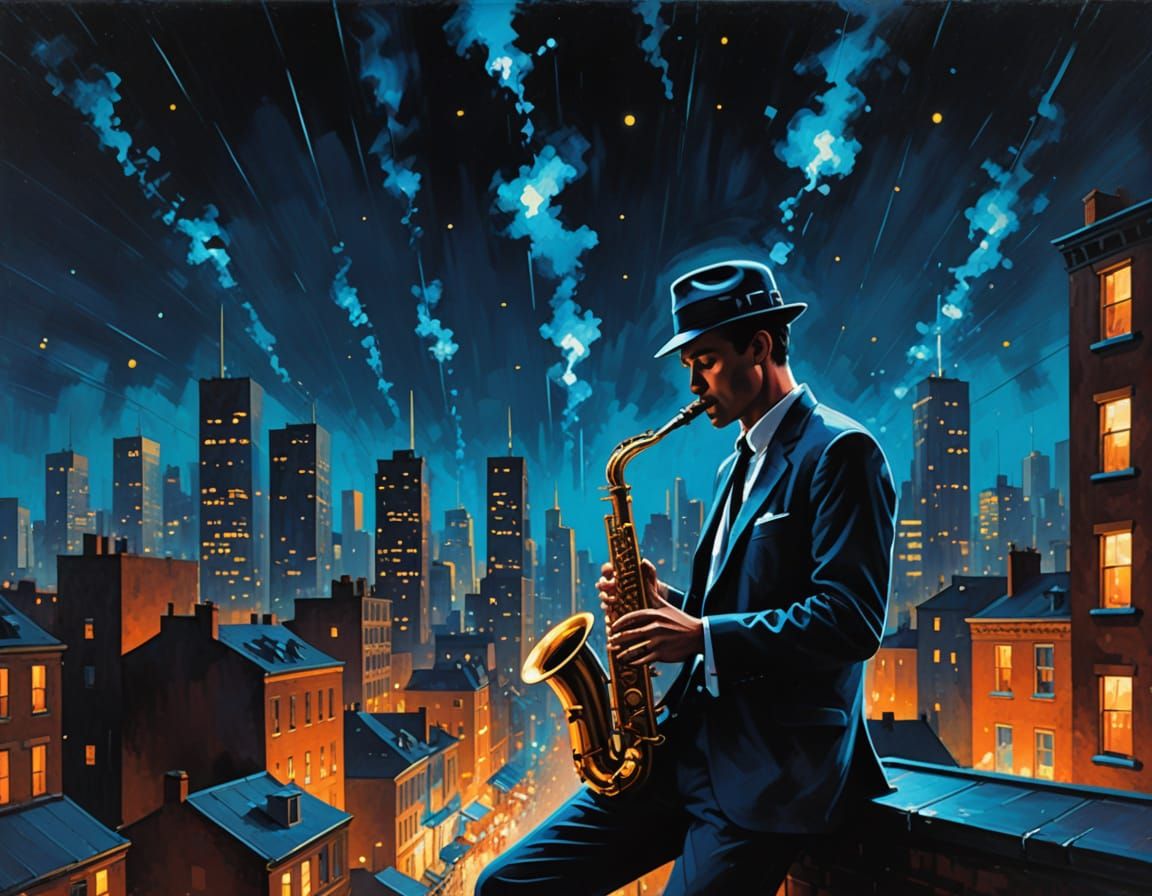 Neon Blue Cityscape with Saxophonist and Rooftop Dancers