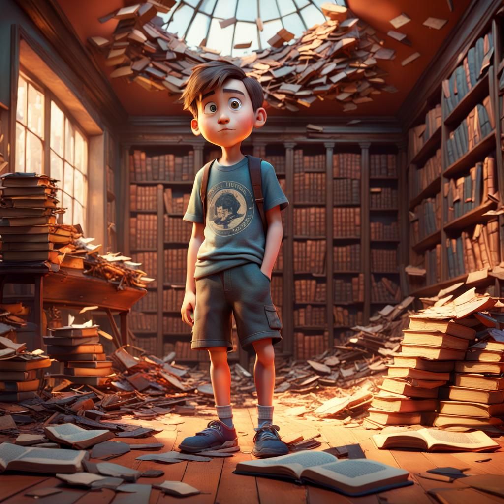 Boy in Decayed Library: Pixar-Style 3D Render