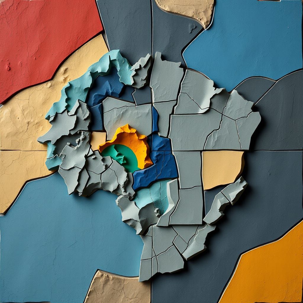 Cubist Map of Belarus in Vibrant Blues and Earthy Tones