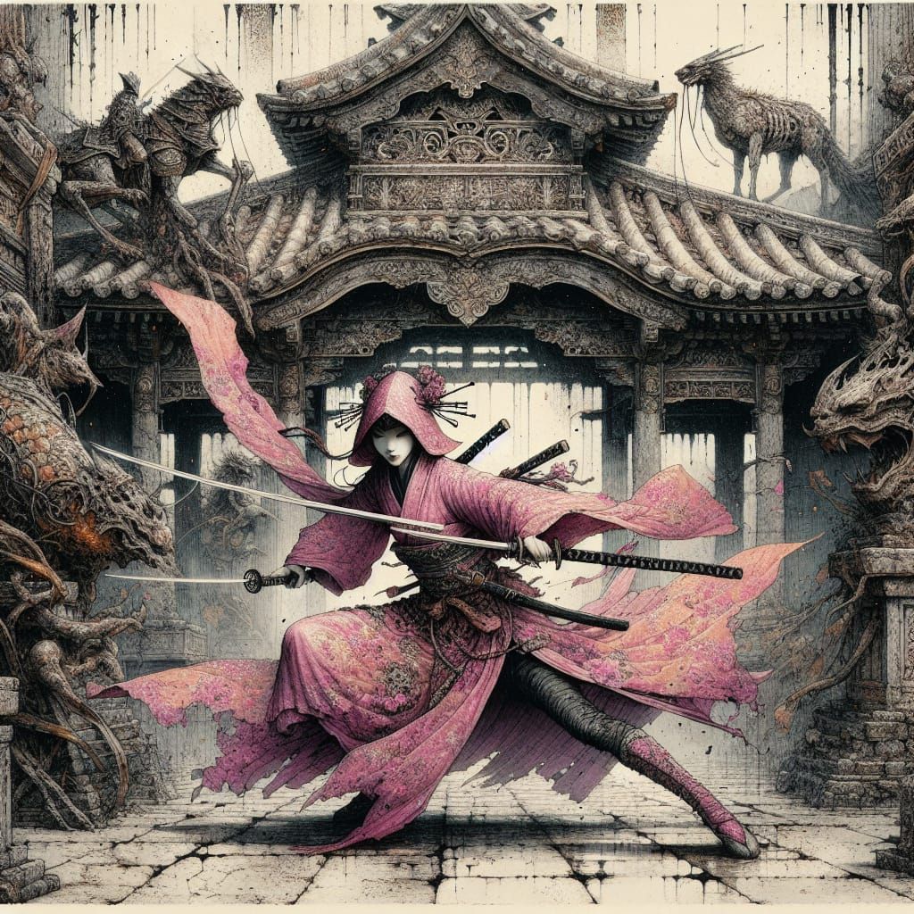 Pink Ninja Geisha in Dystopian Cityscape