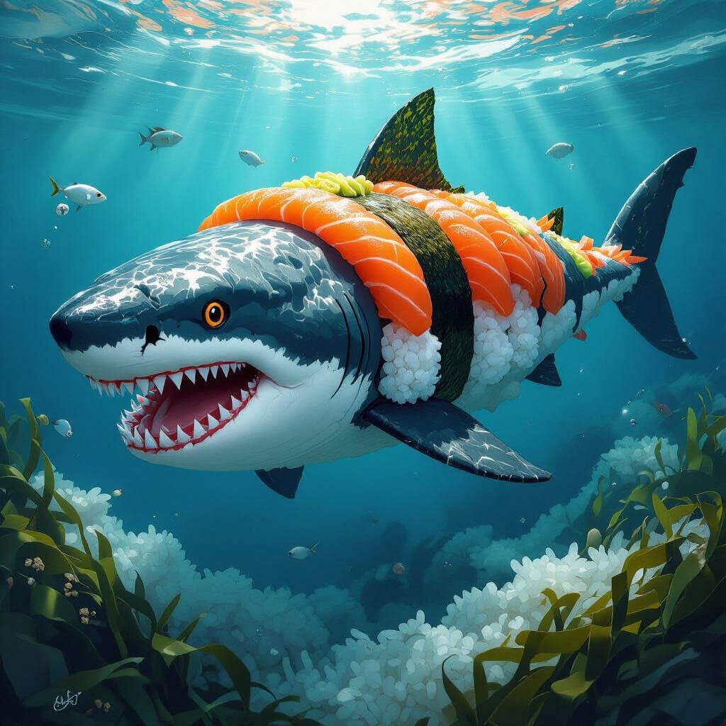 Sushi Megalodon Swimming in Rice Ocean, Digital Art