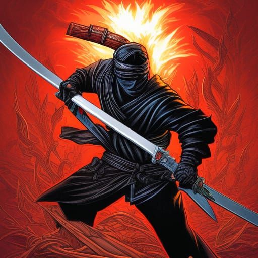 Ninja with Blazing Sword in Comic Book Art Style