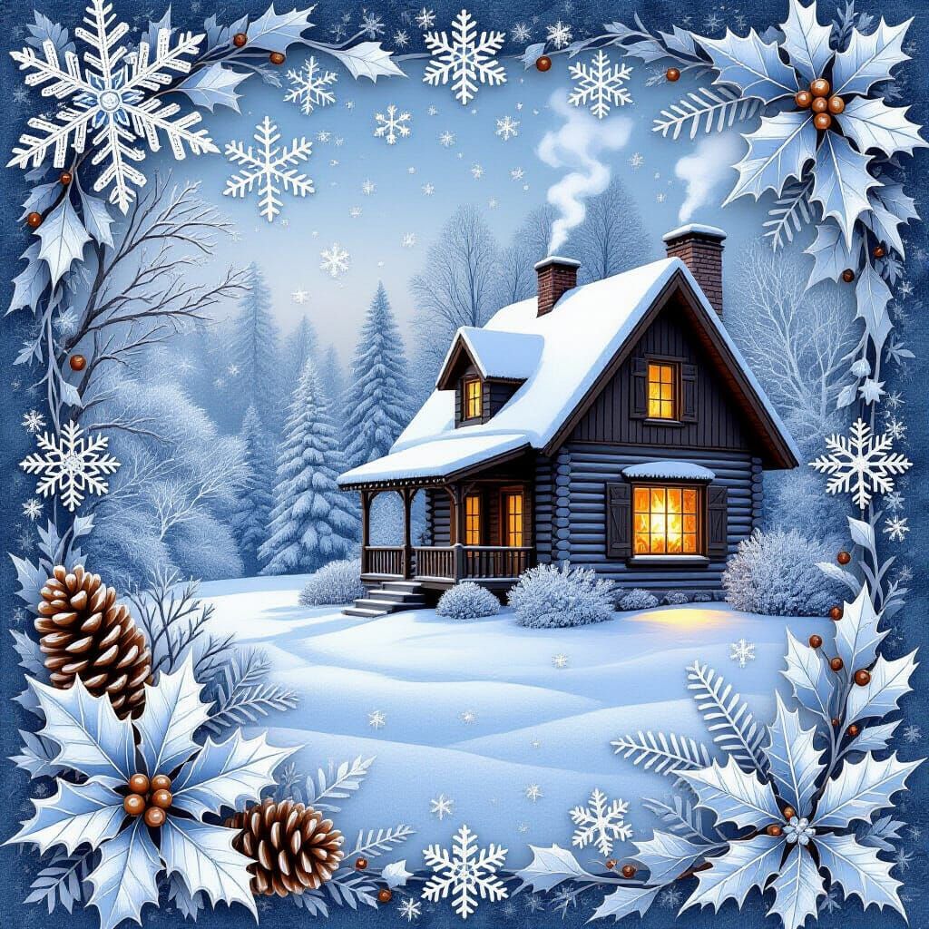 Cozy Winter Collage with Cabin and Snowflakes