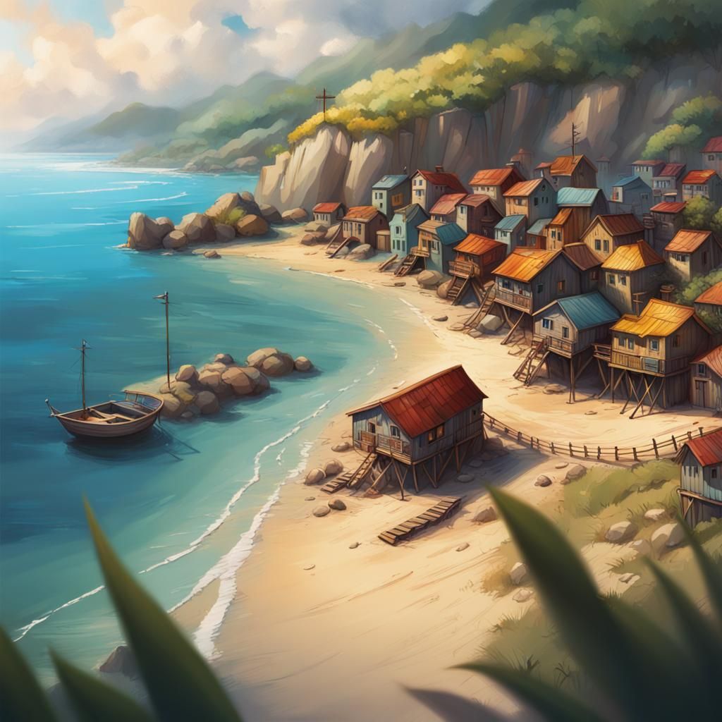 Hyperrealistic Beachside Village in Splash Art Style