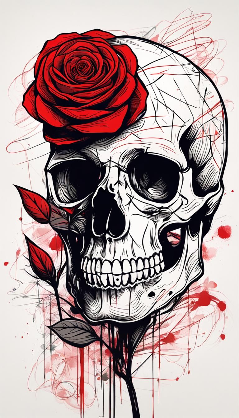 Skull and Red Rose in Bold Line Art