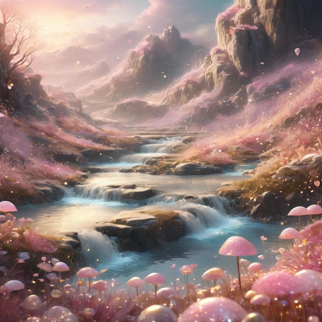 Enchanted Valley Landscape with Crystalline Flora