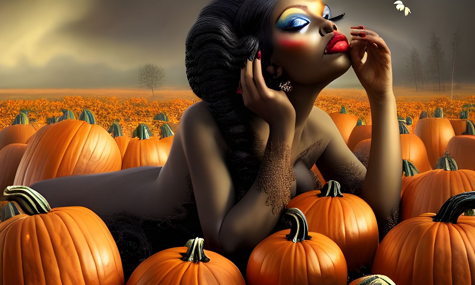 Black Fairy in Pumpkin Patch: Photorealistic Digital Art
