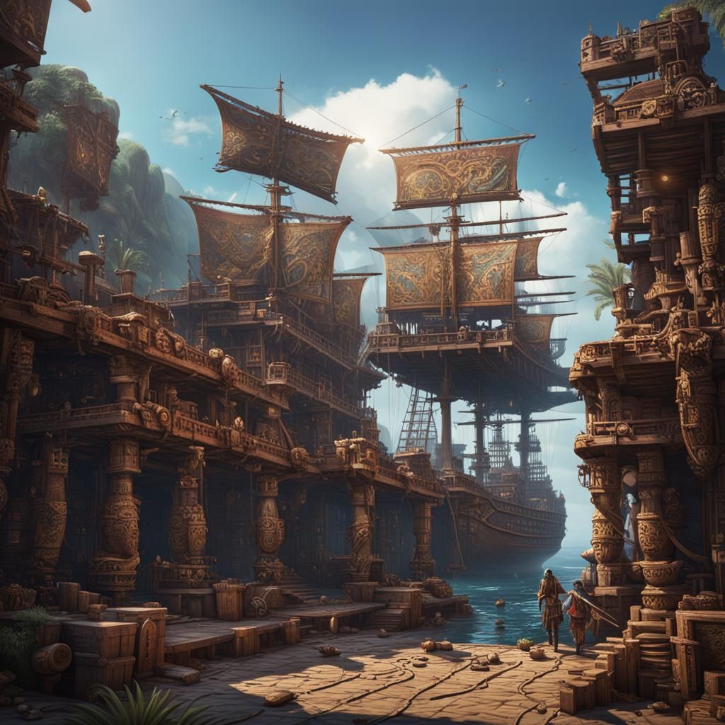 Modern Aztec Shipyard: Detailed Matte Painting