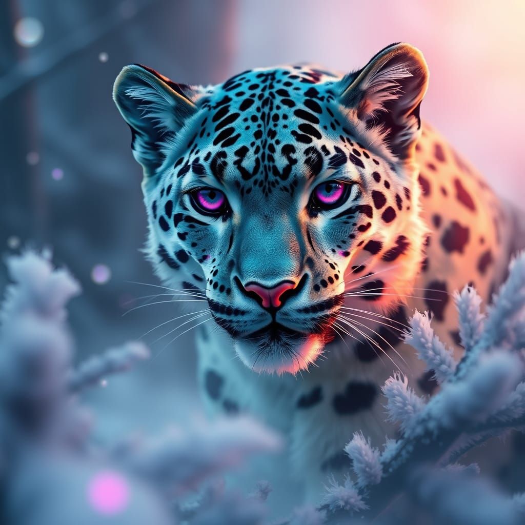 Ethereal Teal Snow Leopard in a Misty Snowy Forest