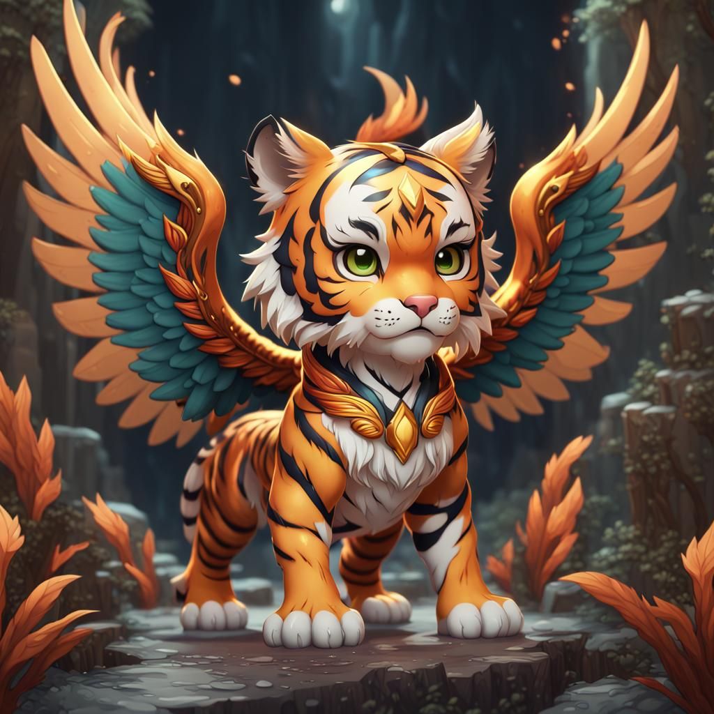 Chibi Tiger with Phoenix Wings, Detailed Fantasy Art