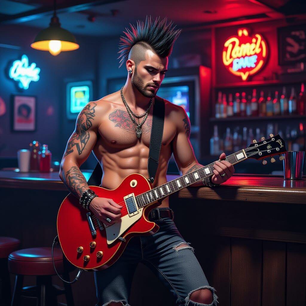 Punk Guitarist with Mohawk and Muscular Abs