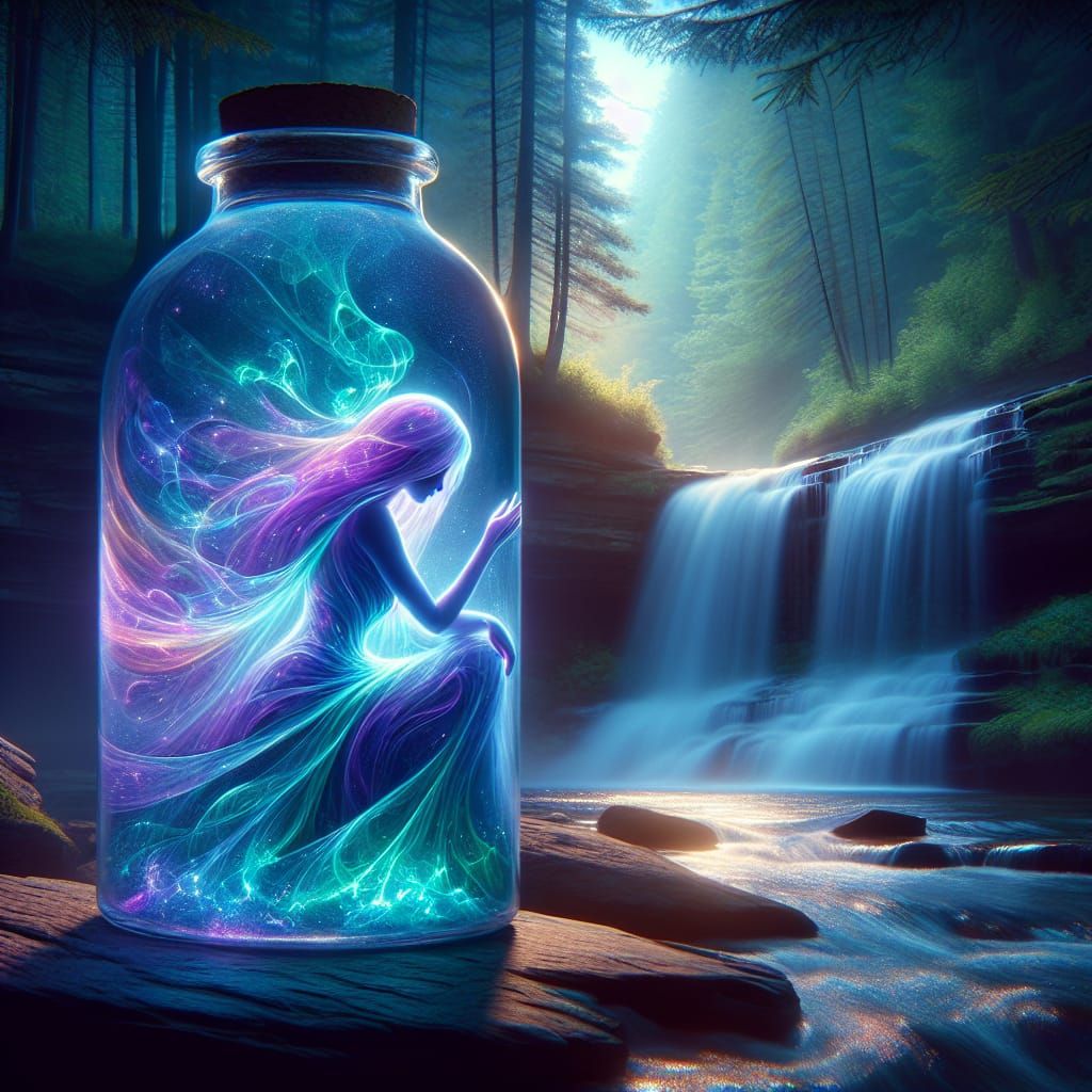 Ethereal Woman in a Bottle by Waterfall