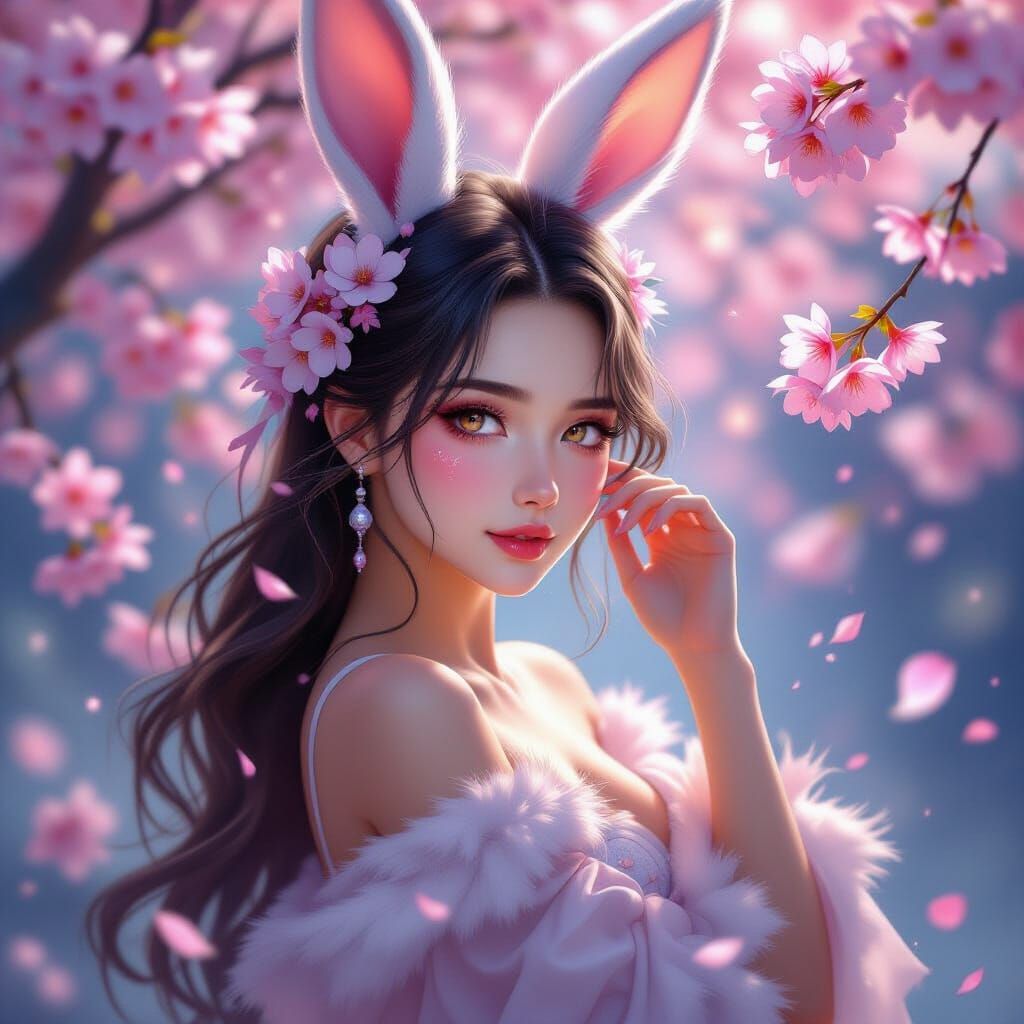Beautiful Woman with Rabbit Ears Amidst Cherry Blossoms