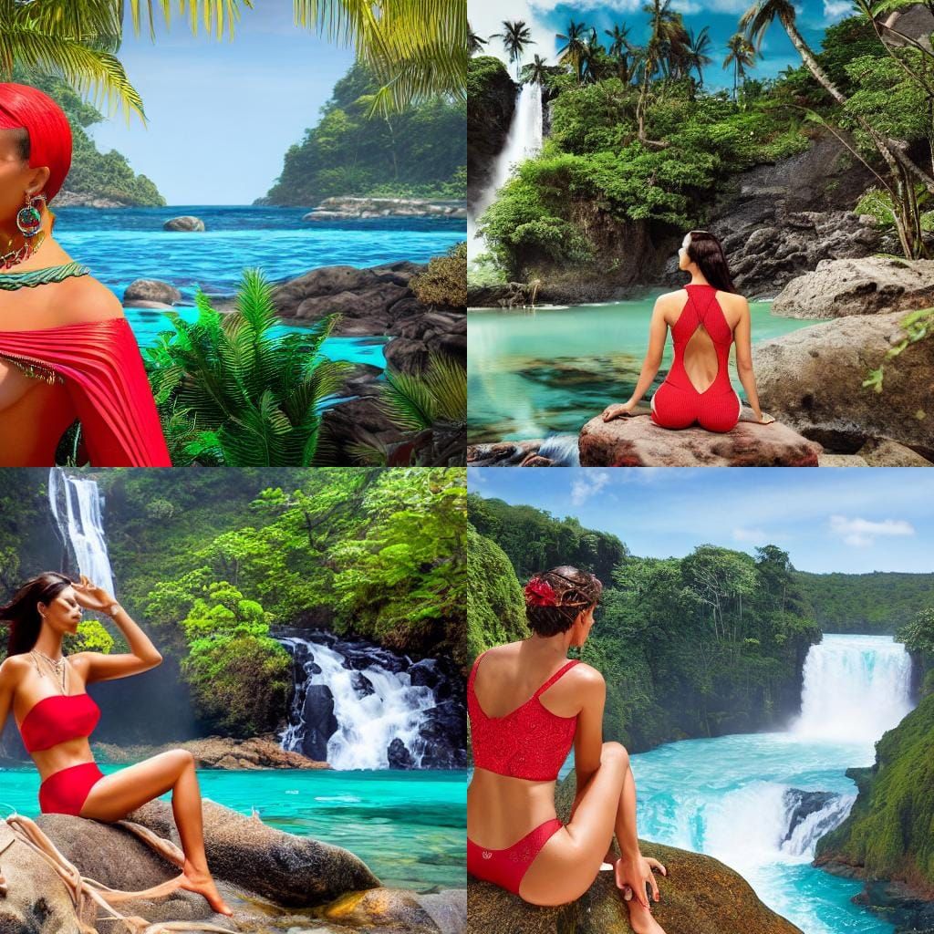 Woman in Red Swimsuit at Waterfall