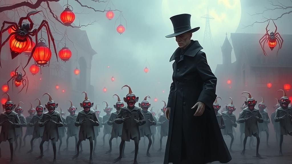 Mystical Man with Zombie Monkey Clowns in Surreal Town