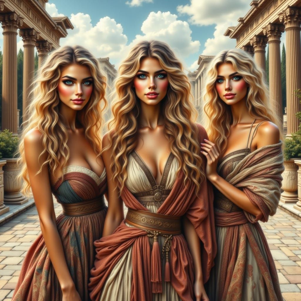 Ancient Goddesses in Roman Temple Courtyard