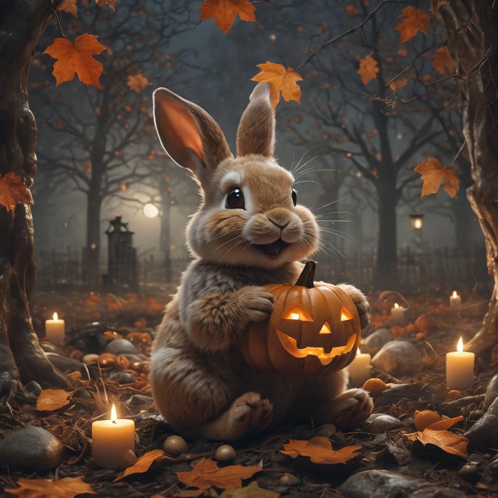 Baby Rabbit Carving Jack-o'-Lantern on Halloween