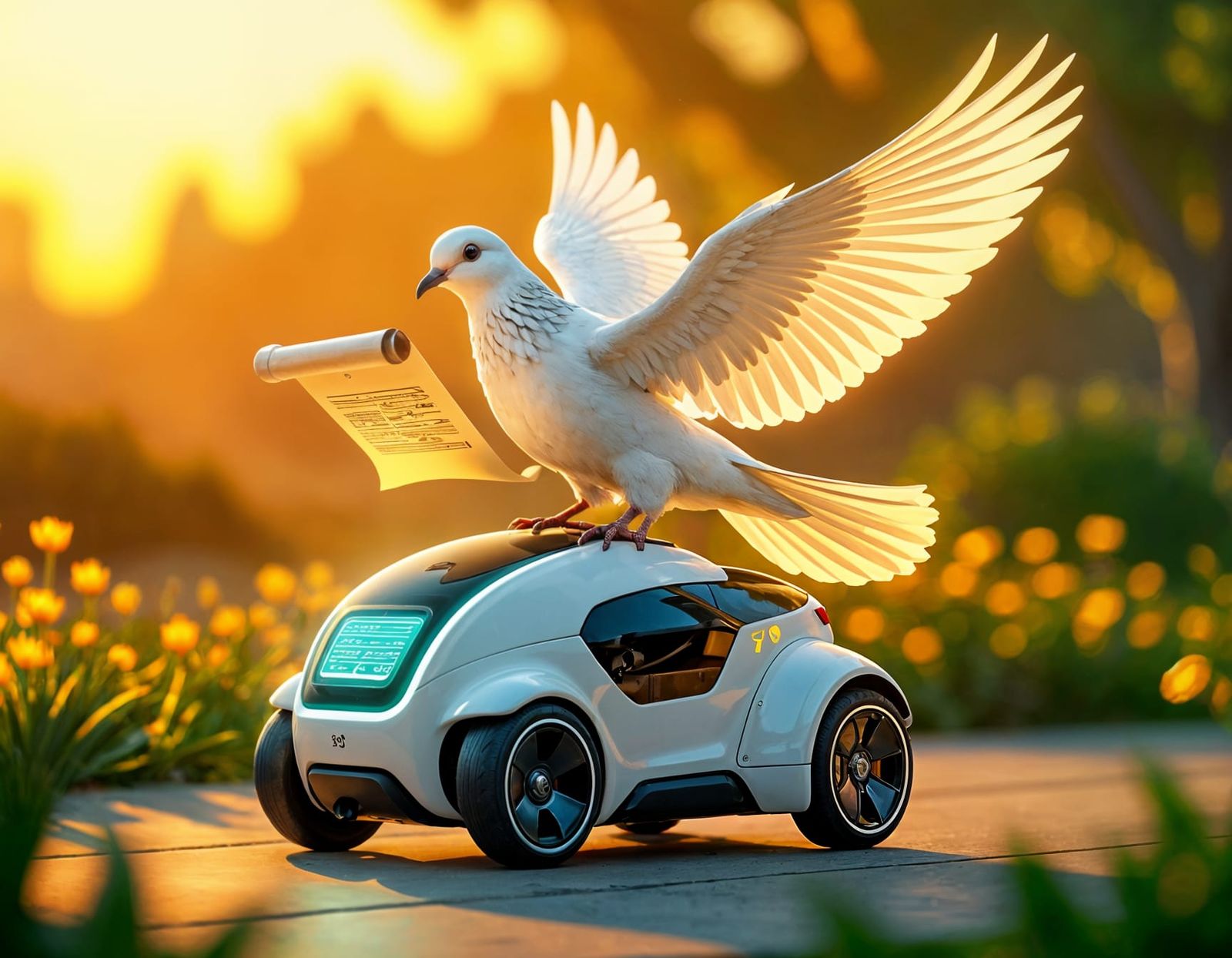 Messenger Dove on Futuristic Robot, Whimsical Style