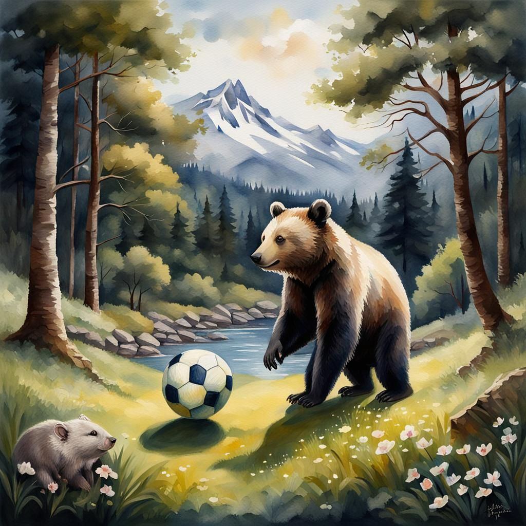Spring Landscape with Bear and Mouse in Watercolor