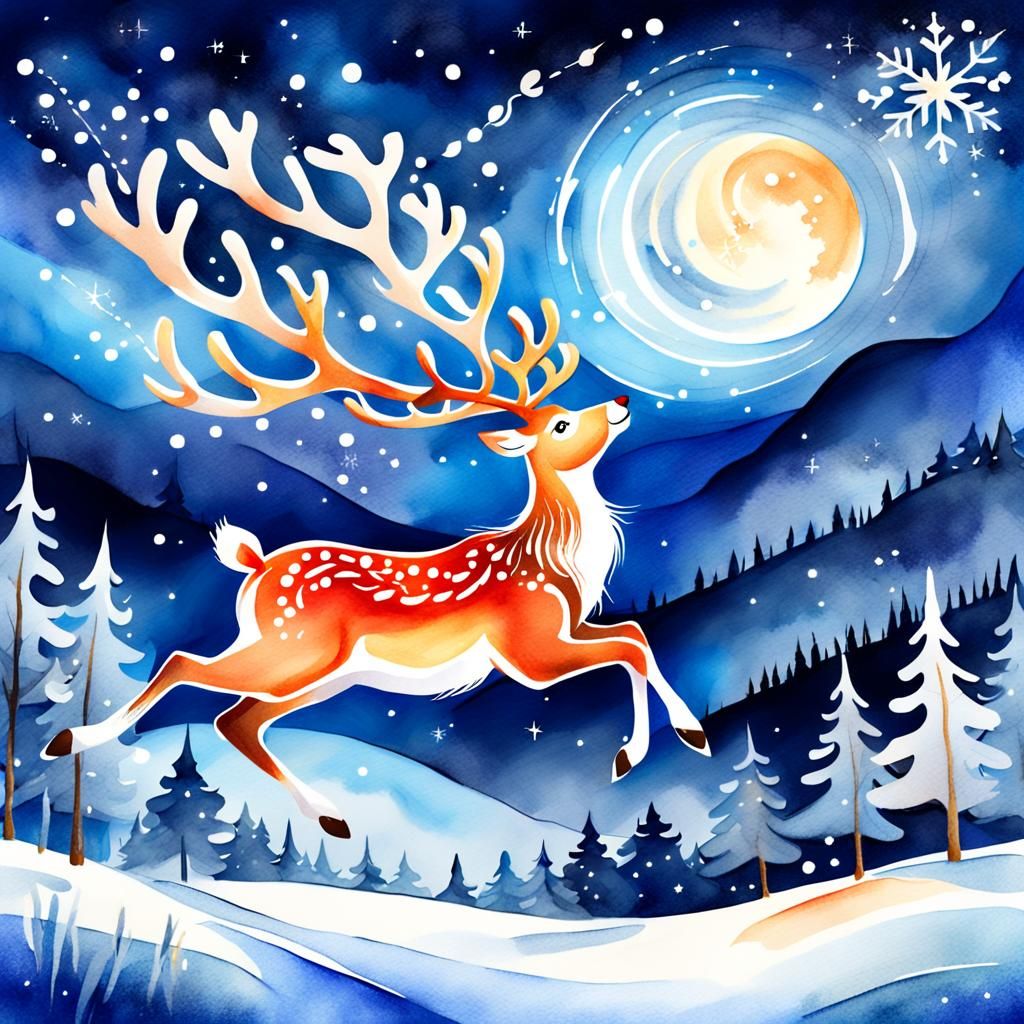 Whimsical Watercolor Reindeer in Winter Landscape